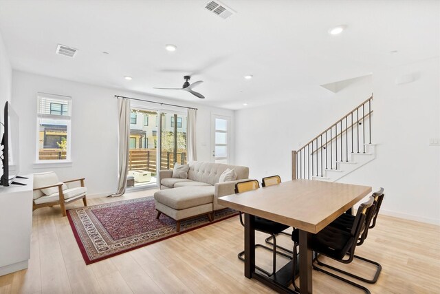851 Cavitt Ct, Prosper, TX 75078 - living room with light wood finished floors, a ceiling fan, recessed lighting, baseboards, and stairway