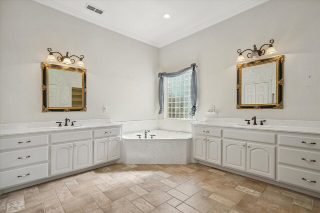 full bath featuring crown molding, two vanities, visible vents, and a sink