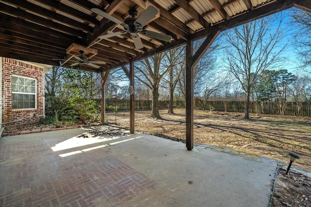 view of patio / terrace featuring a ceiling fan and a fenced backyard