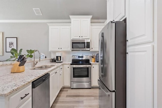 kitchen with a sink, stainless steel appliances, a peninsula, white cabinetry, and visible vents