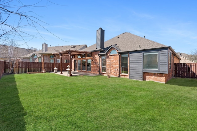 8664 Glenburne Dr, Fort Worth, TX 76131 - rear view of house with a patio area, brick siding, a fenced backyard, a yard, and a pergola