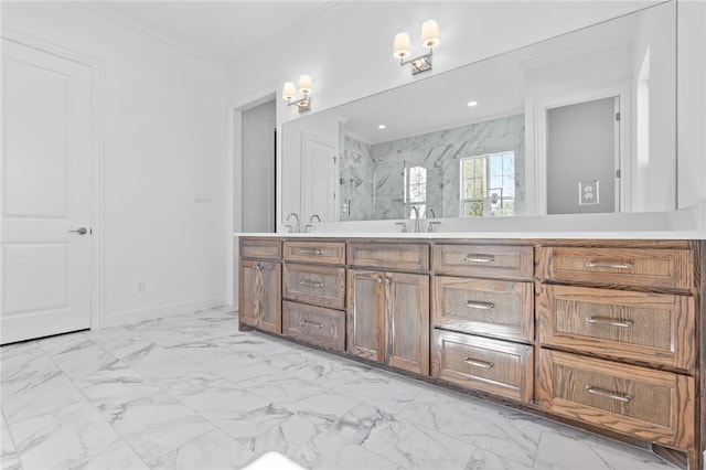 bathroom with marble finish floor, a sink, double vanity, baseboards, and walk in shower