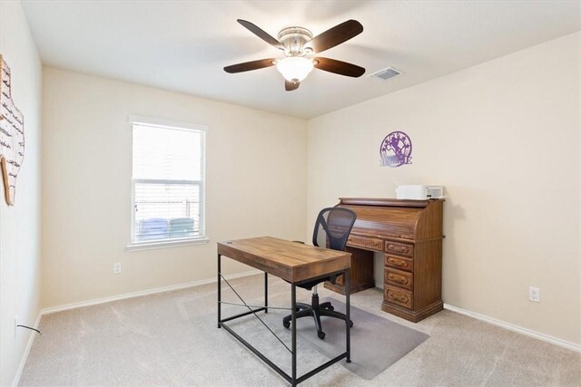 2820 Keathley Dr, Lorena, TX 76655 - home office with baseboards, light colored carpet, visible vents, and ceiling fan