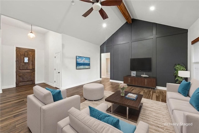 3103 Park Lake Dr, Waco, TX 76708 - living room featuring ceiling fan, beam ceiling, wood finished floors, high vaulted ceiling, and baseboards