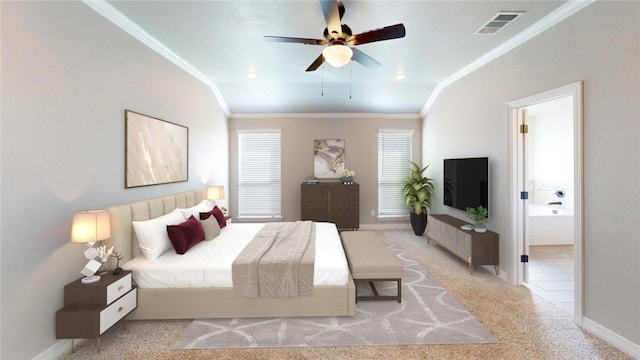 bedroom featuring visible vents, light colored carpet, baseboards, and ornamental molding