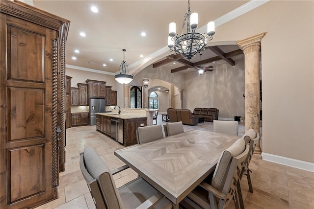 8460 Spicewood Springs Rd, China Spring, TX 76633 - dining room with ceiling fan with notable chandelier, coffered ceiling, recessed lighting, arched walkways, and baseboards