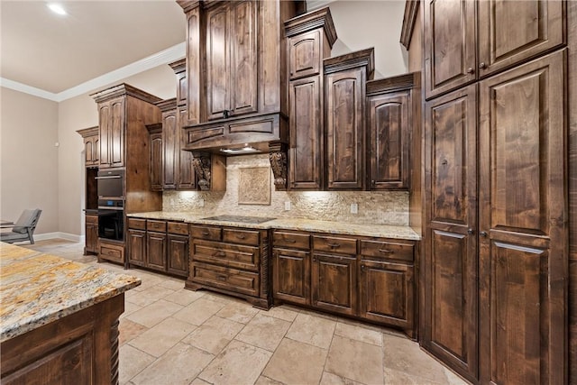 8460 Spicewood Springs Rd, China Spring, TX 76633 - kitchen featuring dark brown cabinets, crown molding, light stone counters, decorative backsplash, and black electric cooktop