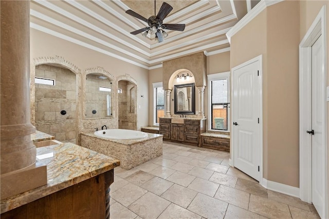 8460 Spicewood Springs Rd, China Spring, TX 76633 - full bath featuring a walk in shower, crown molding, ceiling fan, a tray ceiling, and a bath