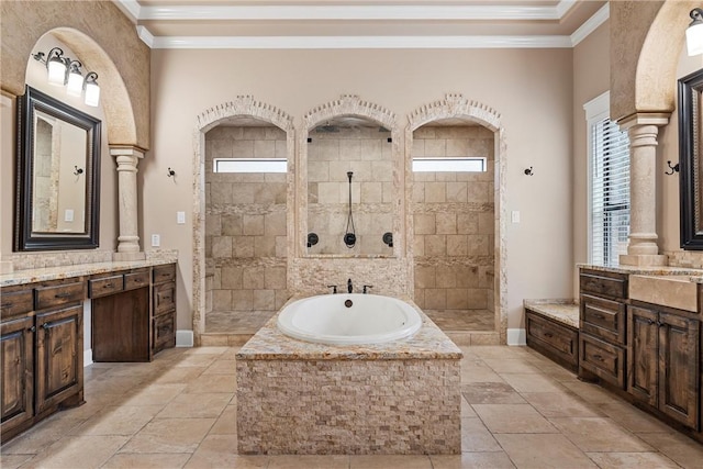 8460 Spicewood Springs Rd, China Spring, TX 76633 - bathroom featuring walk in shower, ornamental molding, vanity, and a bath
