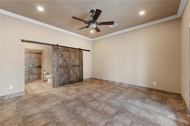 8460 Spicewood Springs Rd, China Spring, TX 76633 - unfurnished bedroom with visible vents, a barn door, and crown molding