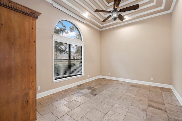8460 Spicewood Springs Rd, China Spring, TX 76633 - spare room with a tray ceiling, baseboards, ceiling fan, and crown molding
