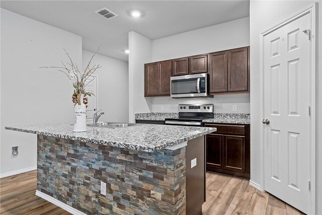 960 Chambray Dr, Troy, TX 76579 - kitchen with a center island with sink, visible vents, a sink, appliances with stainless steel finishes, and light wood-type flooring