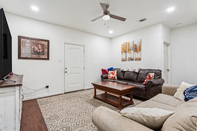 629 S 5th St, Waco, TX 76706 - living room with a ceiling fan, recessed lighting, wood finished floors, and visible vents