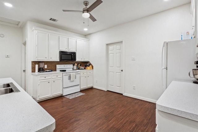 629 S 5th St, Waco, TX 76706 - kitchen featuring dark wood finished floors, white appliances, tasteful backsplash, and visible vents