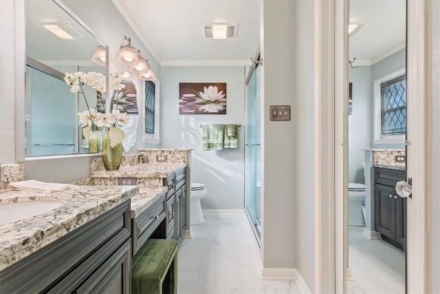 full bathroom with toilet, marble finish floor, a stall shower, crown molding, and vanity