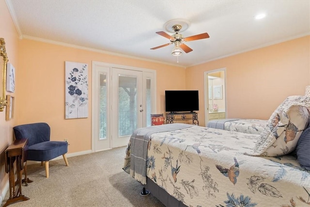 carpeted bedroom featuring ornamental molding, a ceiling fan, ensuite bathroom, baseboards, and access to exterior