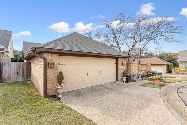 exterior space with brick siding, driveway, a shingled roof, and fence
