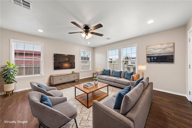 2713 Woodrow St, Waco, TX 76708 - living area featuring baseboards, ceiling fan, wood finished floors, and recessed lighting