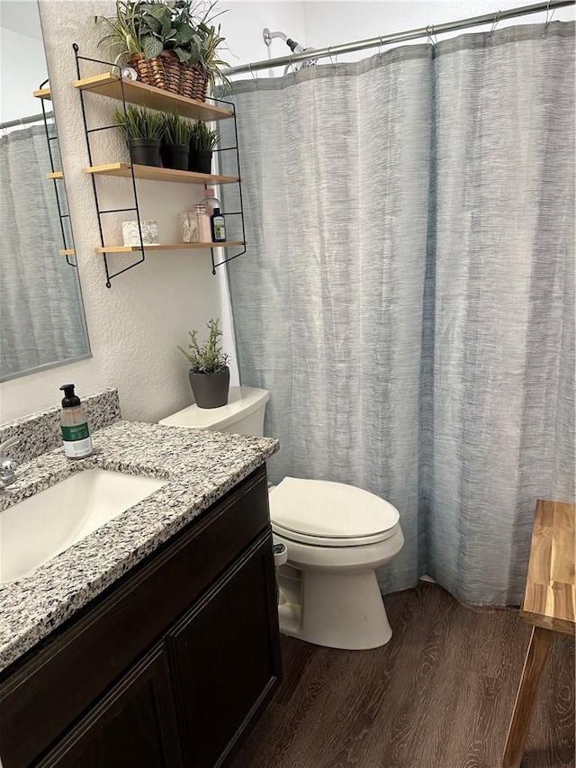 bathroom with toilet, vanity, and wood finished floors