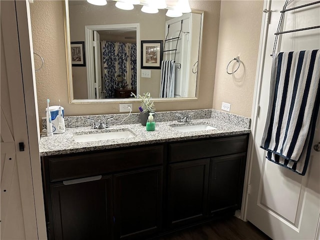 full bathroom with double vanity, wood finished floors, a textured wall, and a sink