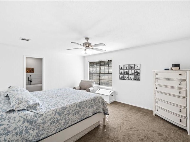 bedroom featuring visible vents, ceiling fan, baseboards, and dark colored carpet