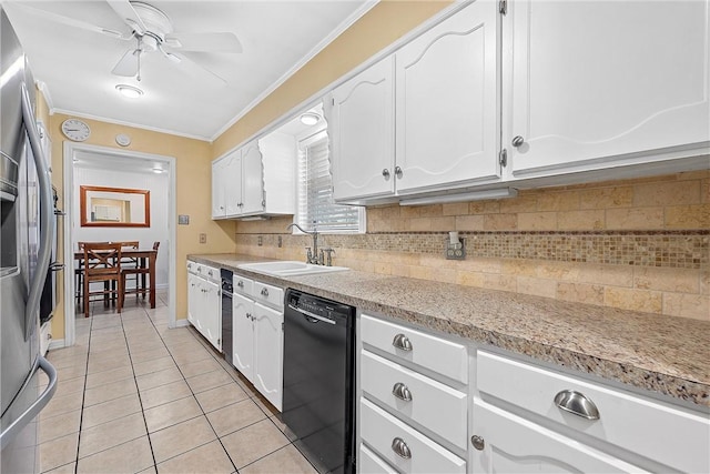 103 Spring Lake Dr, Waco, TX 76705 - kitchen with dishwasher, stainless steel fridge with ice dispenser, white cabinetry, light tile patterned floors, and ornamental molding