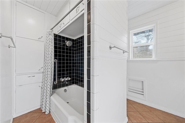 full bath with tile patterned floors and shower / bathtub combination with curtain