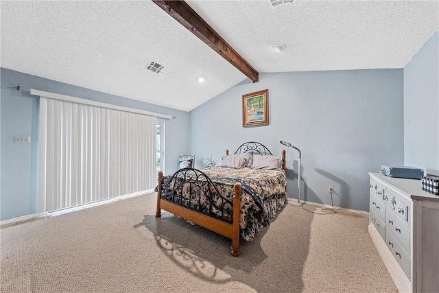 carpeted bedroom with lofted ceiling with beams, baseboards, visible vents, and a textured ceiling