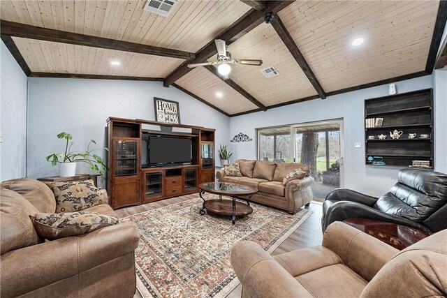 living room featuring wooden ceiling, lofted ceiling with beams, wood finished floors, and visible vents