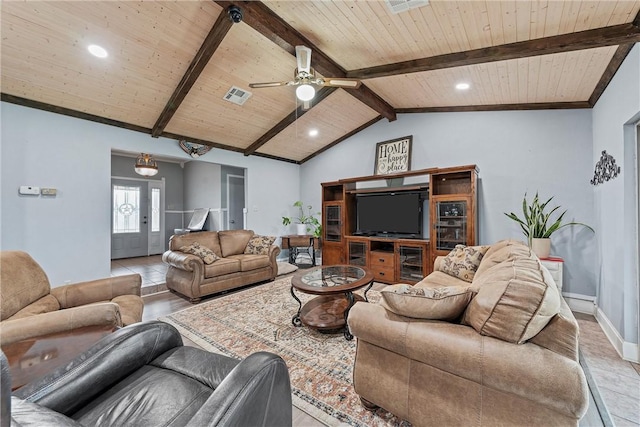 living room featuring visible vents, vaulted ceiling with beams, baseboards, wood ceiling, and a ceiling fan