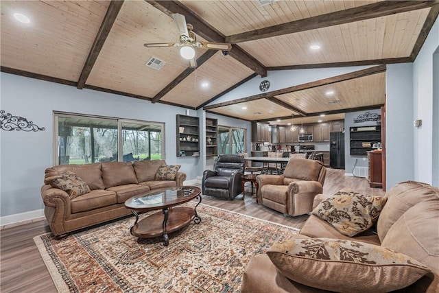 living room with visible vents, baseboards, wood ceiling, lofted ceiling with beams, and light wood-type flooring
