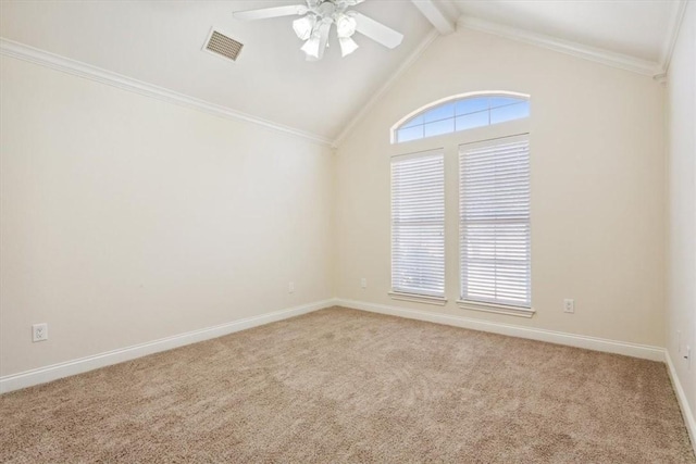 spare room featuring visible vents, a ceiling fan, carpet, crown molding, and vaulted ceiling with beams
