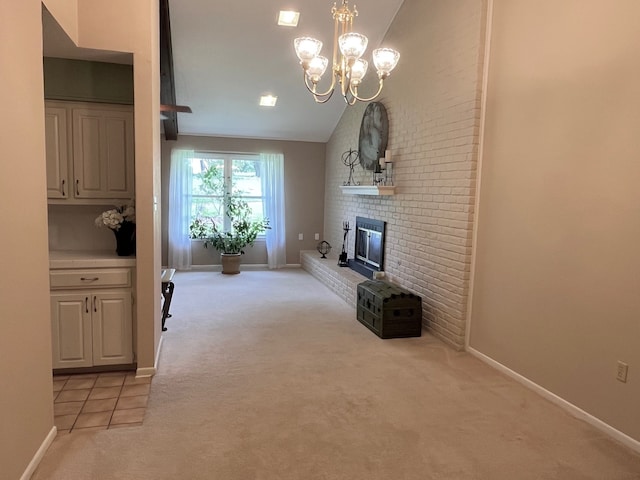1016 Cardinal Dr, Woodway, TX 76712 - living area with light carpet, vaulted ceiling, a fireplace, a chandelier, and baseboards