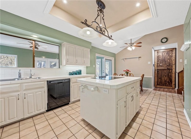 1016 Cardinal Dr, Woodway, TX 76712 - kitchen with black appliances, tile countertops, a ceiling fan, a sink, and light tile patterned floors
