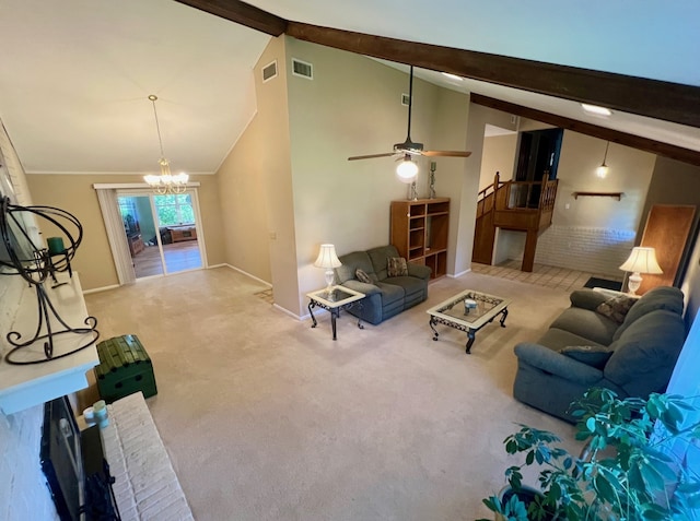 1016 Cardinal Dr, Woodway, TX 76712 - carpeted living room with beam ceiling, a chandelier, high vaulted ceiling, baseboards, and a ceiling fan