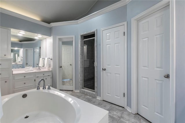full bath featuring vanity, baseboards, ornamental molding, a shower stall, and a bath