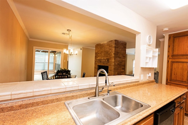4020 River Oaks Cir, Temple, TX 76504 - kitchen with a sink, a fireplace, a chandelier, dishwasher, and hanging light fixtures
