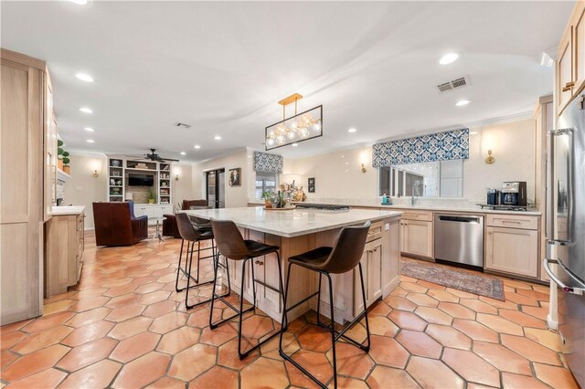 kitchen featuring recessed lighting, visible vents, appliances with stainless steel finishes, and open floor plan
