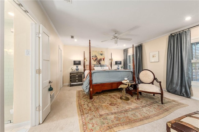 bedroom featuring a ceiling fan, light colored carpet, visible vents, and ornamental molding