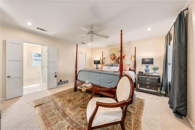 bedroom featuring crown molding, light colored carpet, and visible vents
