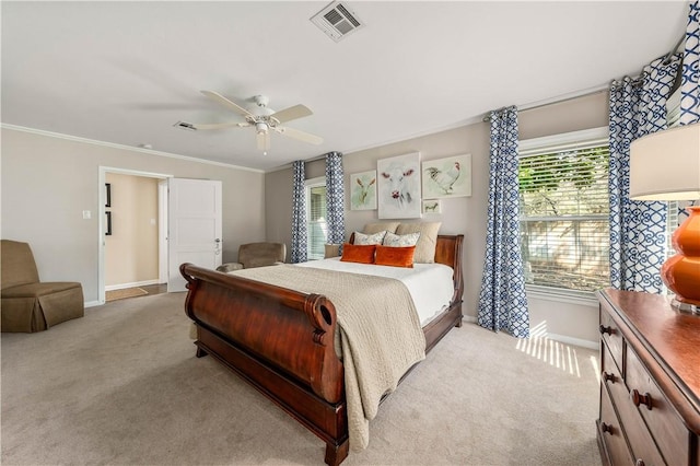 bedroom with a ceiling fan, baseboards, visible vents, ornamental molding, and light colored carpet