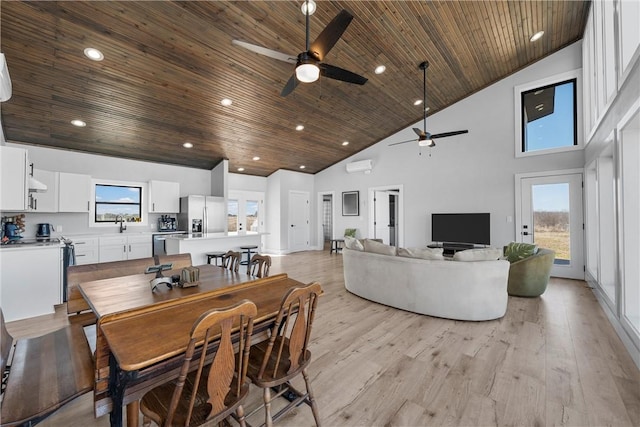 dining room with wood ceiling, ceiling fan, a healthy amount of sunlight, and high vaulted ceiling