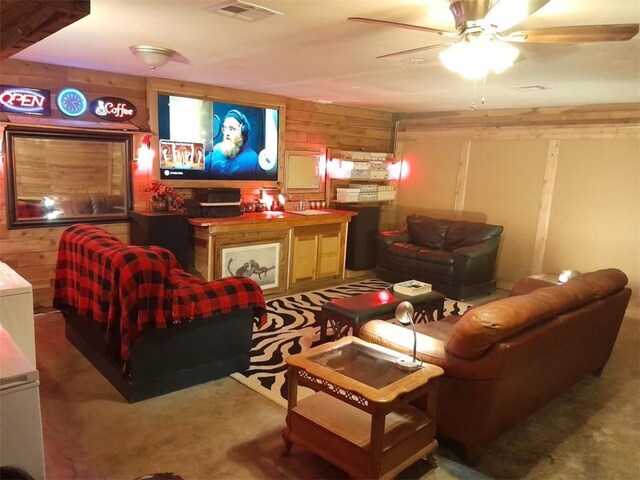 411 Brookwood Dr, Woodway, TX 76712 - cinema featuring ceiling fan and wood walls