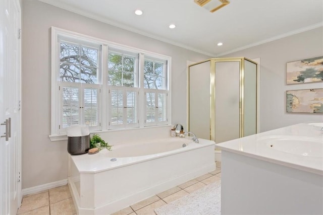 full bath with visible vents, a garden tub, crown molding, a shower stall, and tile patterned flooring