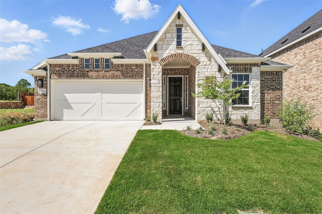 1436 Odette Dr, Arlington, TX 76013 - french country inspired facade with driveway, a front lawn, stone siding, a garage, and roof with shingles