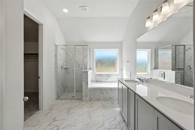 1436 Odette Dr, Arlington, TX 76013 - full bath featuring a bath, a marble finish shower, marble finish floors, double vanity, and lofted ceiling
