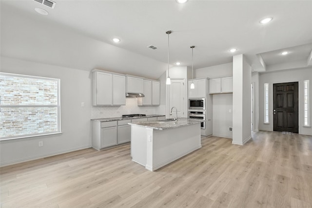 1436 Odette Dr, Arlington, TX 76013 - kitchen with appliances with stainless steel finishes, light wood-type flooring, under cabinet range hood, a center island with sink, and tasteful backsplash