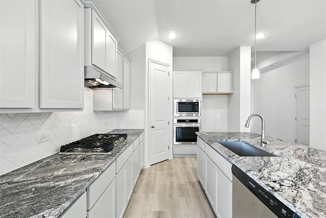 1436 Odette Dr, Arlington, TX 76013 - kitchen with stainless steel appliances, under cabinet range hood, light wood-style flooring, tasteful backsplash, and stone countertops