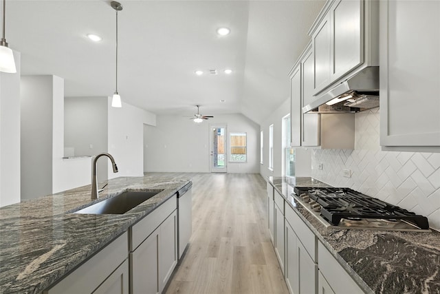 1436 Odette Dr, Arlington, TX 76013 - kitchen featuring appliances with stainless steel finishes, under cabinet range hood, light wood-style floors, tasteful backsplash, and lofted ceiling