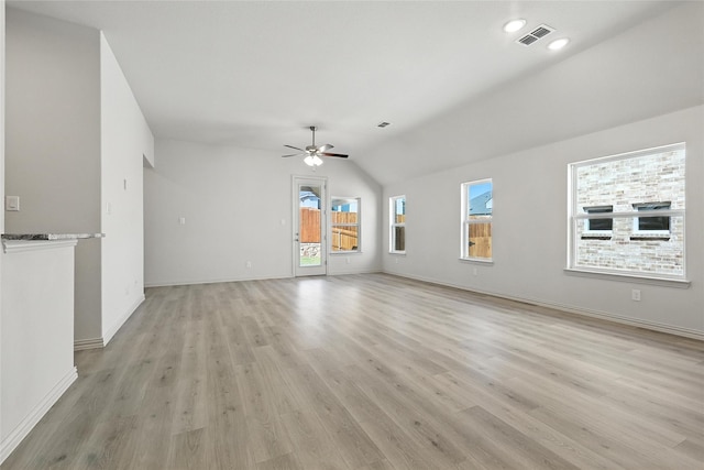 1436 Odette Dr, Arlington, TX 76013 - unfurnished living room with ceiling fan, vaulted ceiling, light wood-style flooring, and recessed lighting